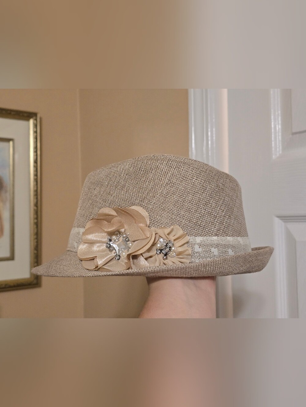 Beige Floral Accent Straw Fedora Hat - Women Accessories